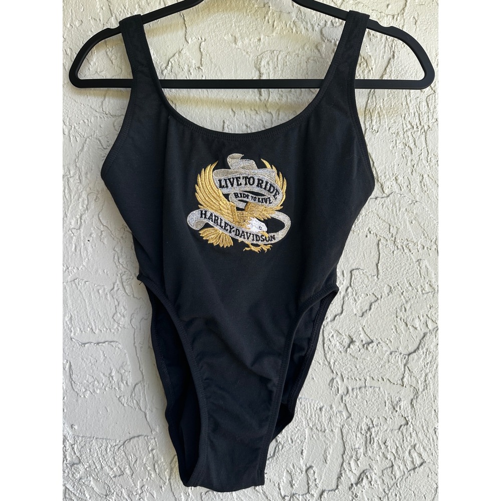 Vintage Harley-Davidson Swimsuit One Piece Bodysuit Black Eagle Embroidered Sz 7